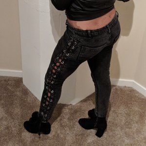 Low Rise Black Washed Lace Up Jeans